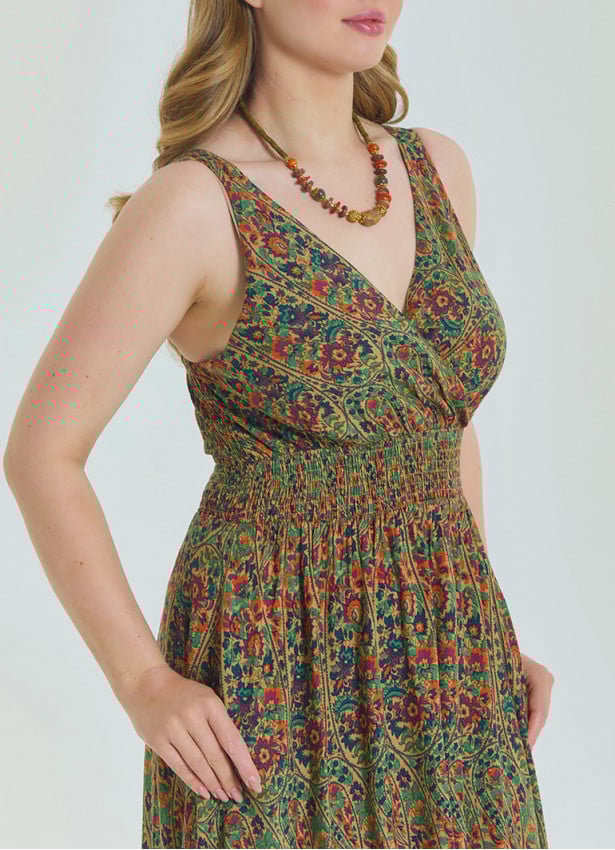 V Neck Robe Green Patterned Plus Size Dress 4586